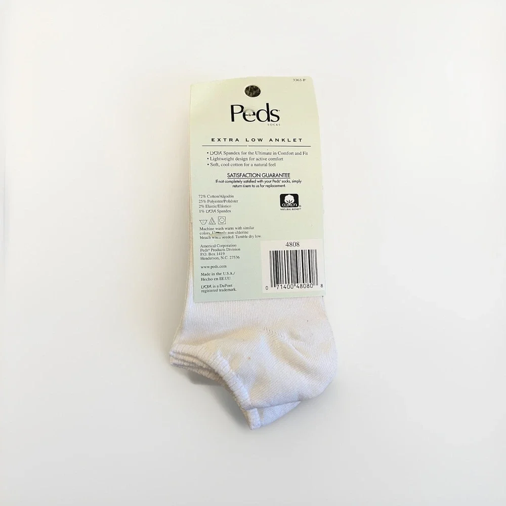 VTG Socks 2 Pack Peds ExtraLow Cut Ankle White Cotton Polyester Spandex USA 90's